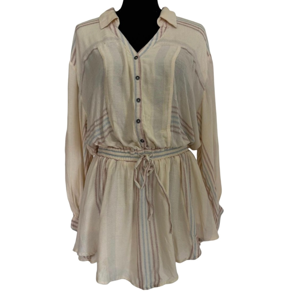 Free People On My Way Striped Shirt Ivory Multi Boho Mini Dress Size XS NWT - Picture 2 of 14